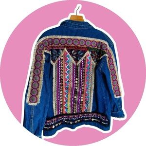 Velzera Denim Jean Jacket Woman's Size L Floral Sequin Embroidery Boho Hippie